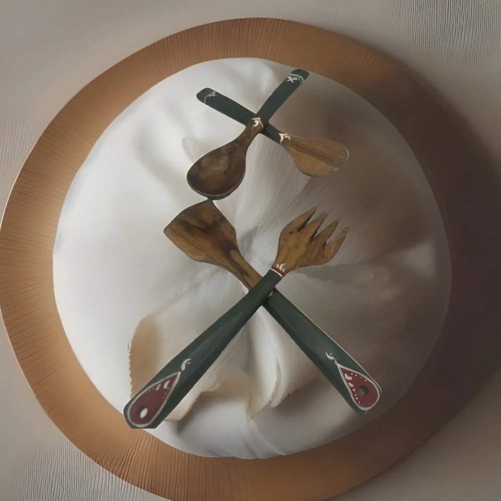 Old Hand Painted Wooden Salad Servers - 4 Pcs 9.5